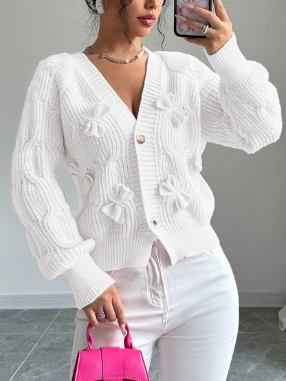Rosalind | Women's Bow-Detail Cable Knit V-Neck Button-Front Cardigan