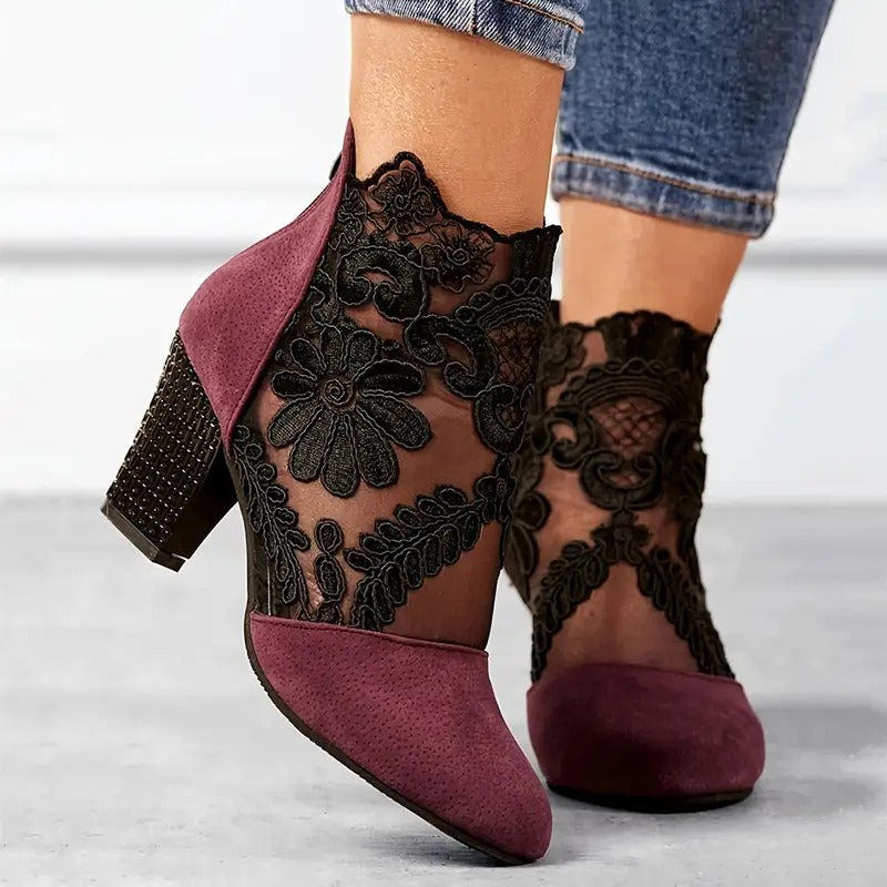 Vivienne | Women's Floral Lace Block Heel Ankle Boot