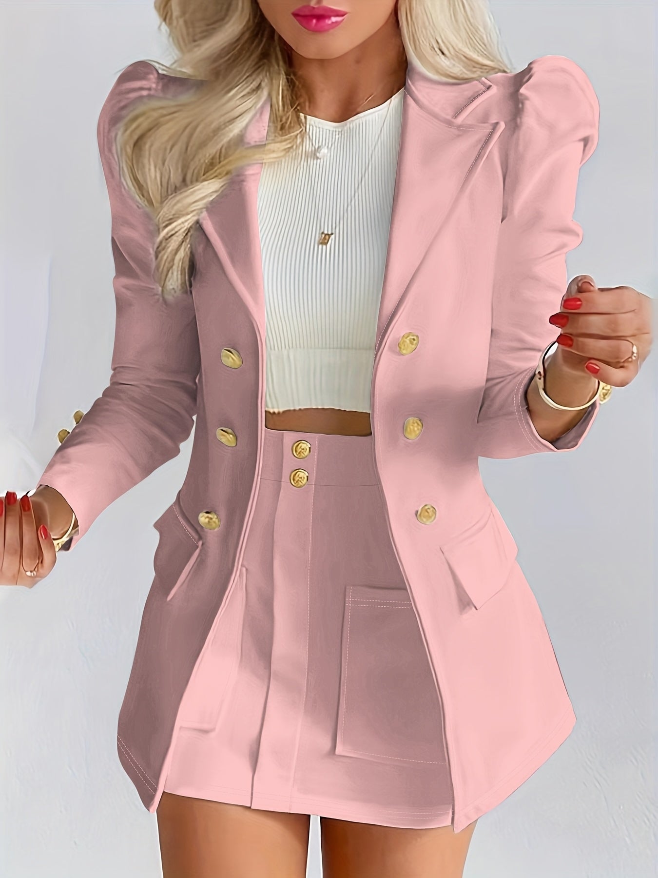 Elodie | Women's Tailored Puff Sleeve Double Breasted Blazer Skirt Set