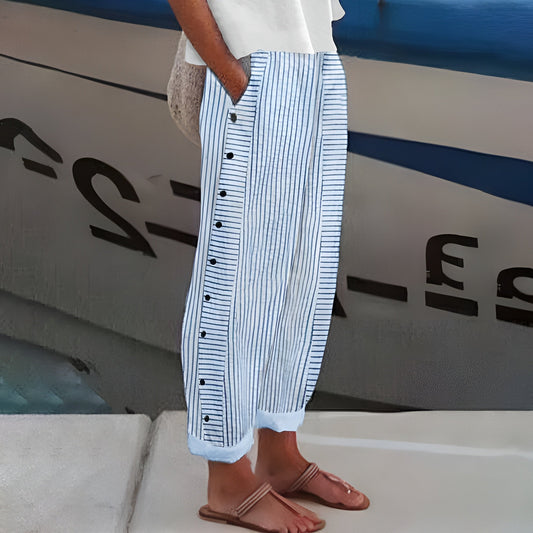 Amelia | Striped Button Detail Elastic Waist Relaxed Casual Pants