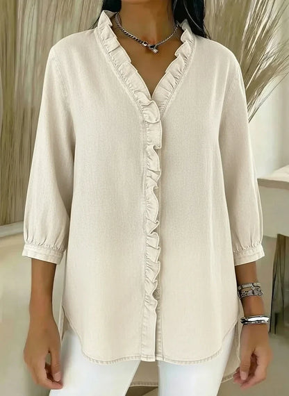 Rylee | Women's Denim V-Neck Ruffle Front Relaxed Fit Shirt