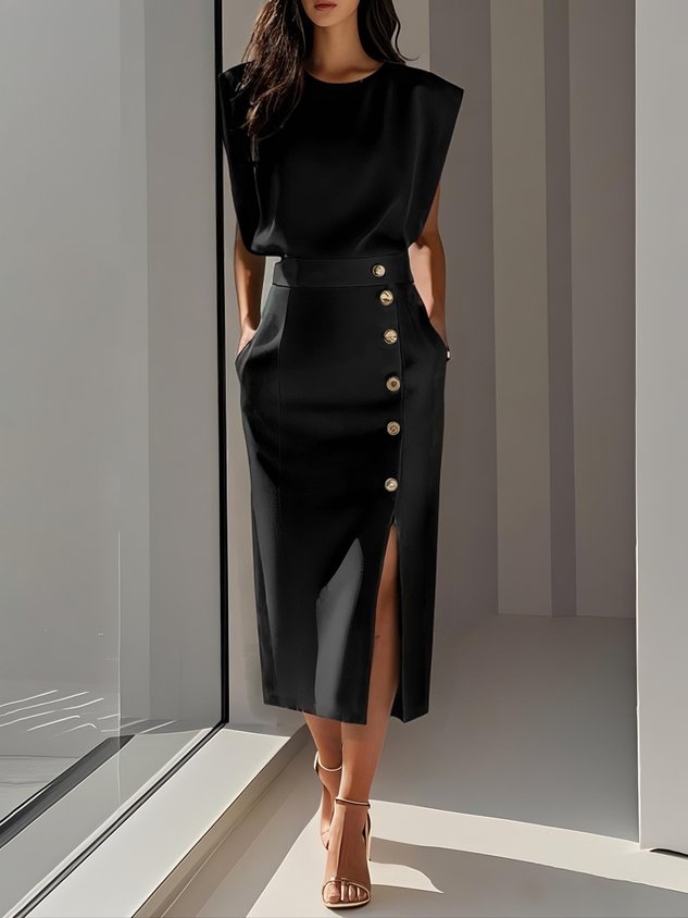 Quinn | Sleeveless Structured Shoulder Button Detail Fitted Midi Elegant Dress
