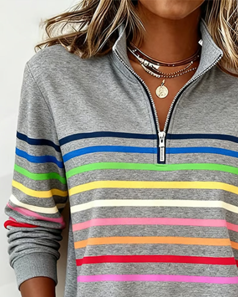 Remi | Multicolor Stripe Quarter Zip Stand Collar Casual Sweatshirt