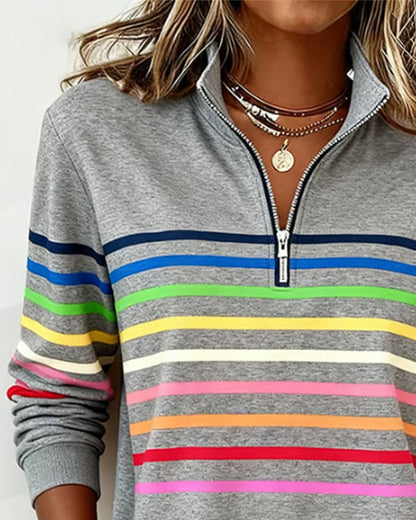 Remi | Multicolor Stripe Quarter Zip Stand Collar Casual Sweatshirt