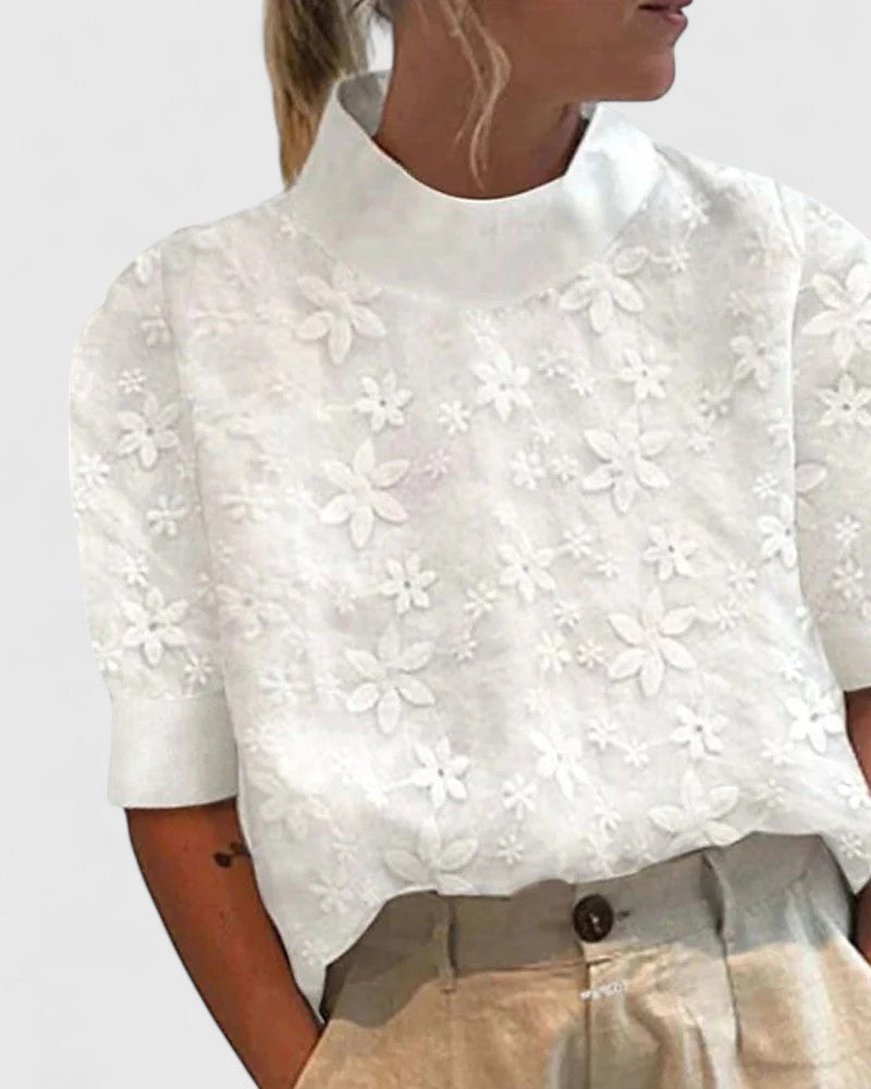 Sonelita | Floral Embroidered Stand Collar Puff Sleeve Elegant Blouse