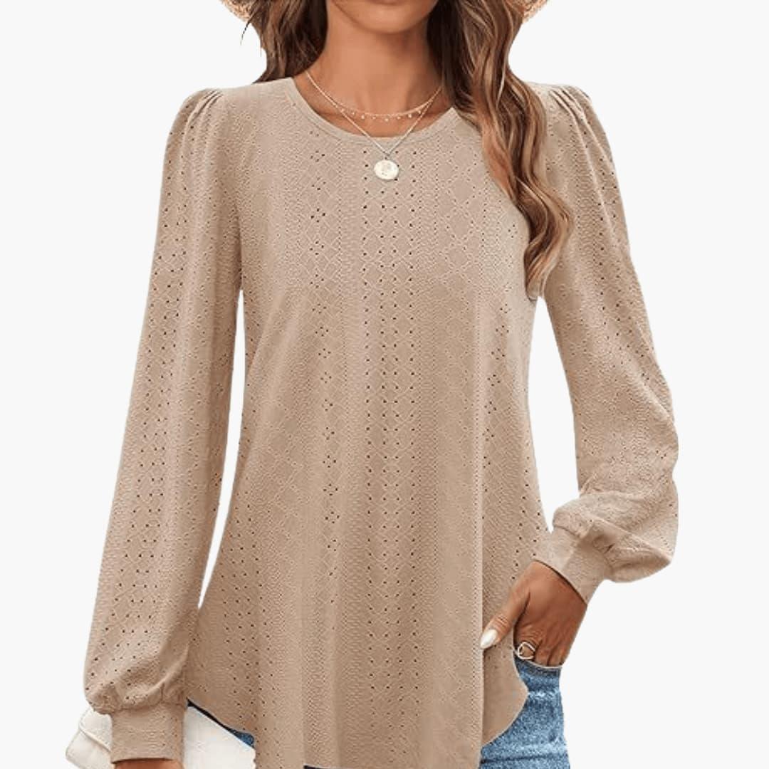 Elowen | Women's Eyelet Lantern Sleeve Round Neck Top