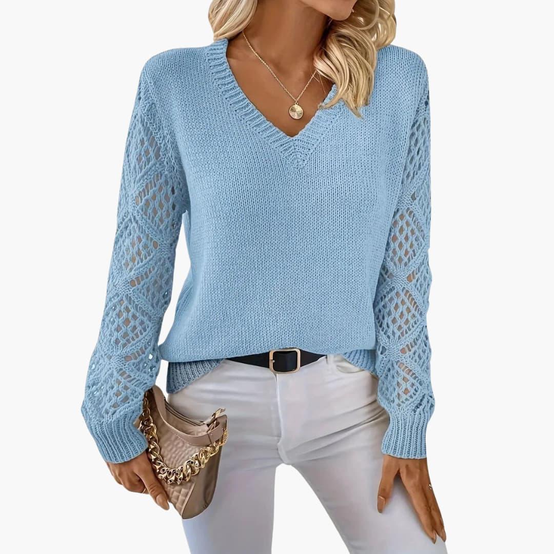 Marlowe | Women's Crochet Sleeve V-Neck Relaxed Fit Sweater