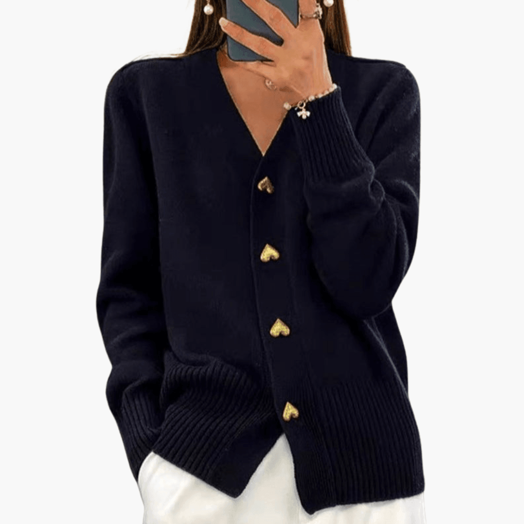 Elara | Women's Button-Up Knit Heart Button Long Sleeve Cardigan