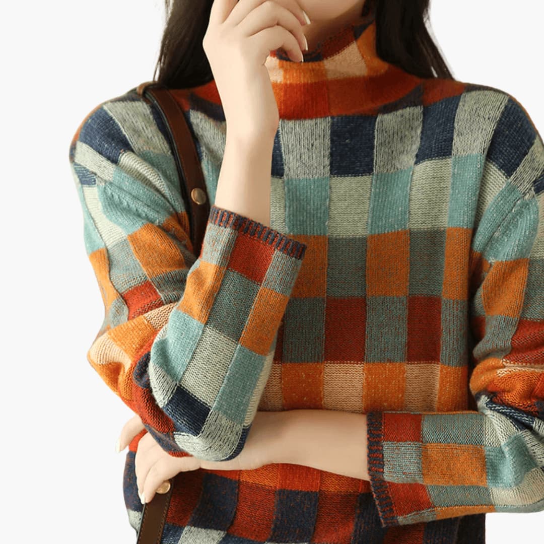 Marlowe | Women's Patchwork Turtleneck Relaxed Knit Sweater
