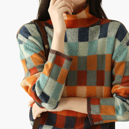 Marlowe | Women's Patchwork Turtleneck Relaxed Knit Sweater