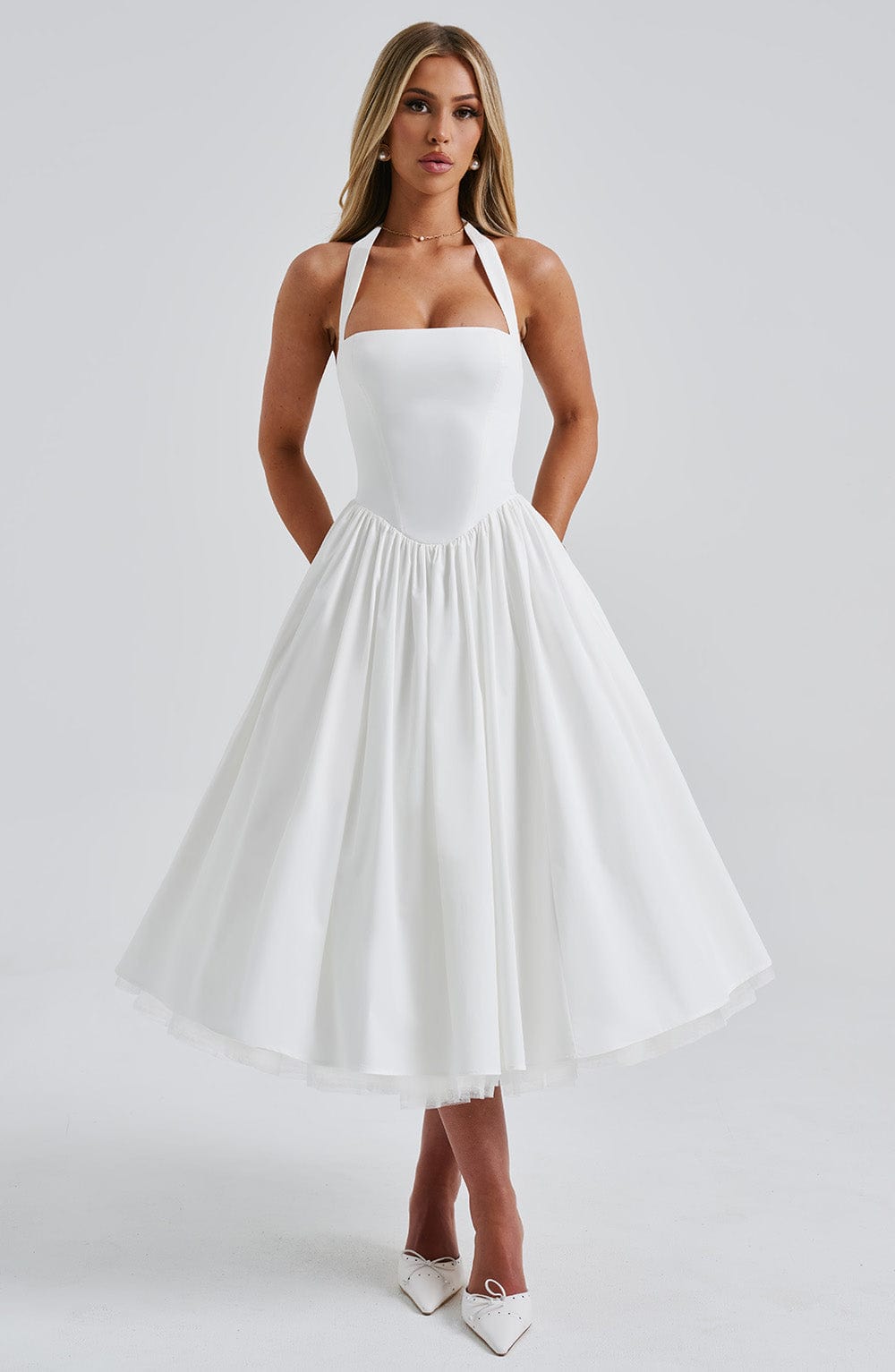 Chloe | Halter Tie Back Structured Bodice Voluminous Midi Wedding Guest Dress