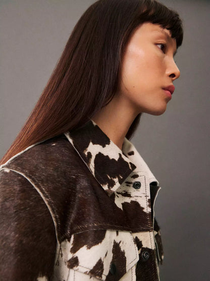 Saskia | Women's Western Cropped Cow Print Fake Fur Jacket