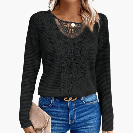 Delphine | Women's Crochet Lace Waffle Knit Long Sleeve Top