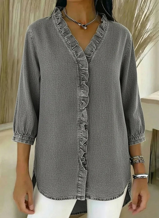 Rylee | Women's Denim V-Neck Ruffle Front Relaxed Fit Shirt