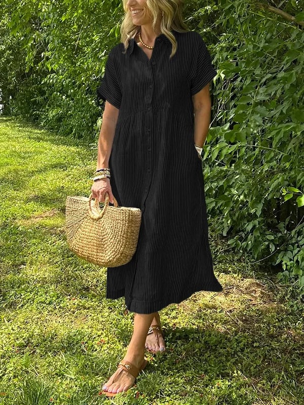 Brooke | Striped Button Up Collared Short Sleeve Casual Summer Midi Dress