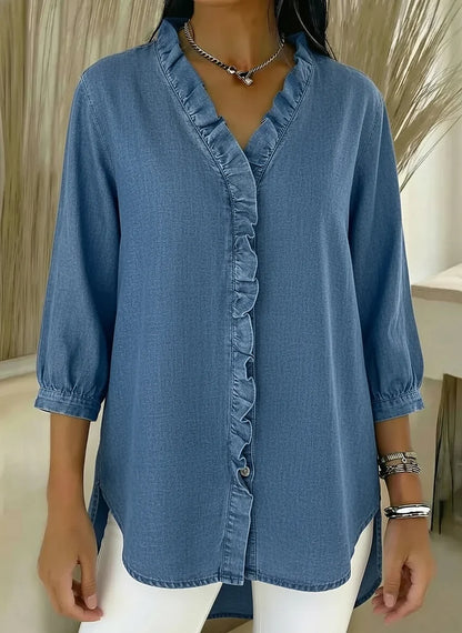 Rylee | Women's Denim V-Neck Ruffle Front Relaxed Fit Shirt
