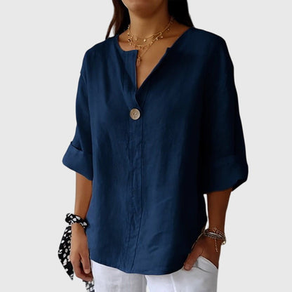 Valentina | V Neck Single Button 3/4 Sleeve Relaxed Casual Blouse