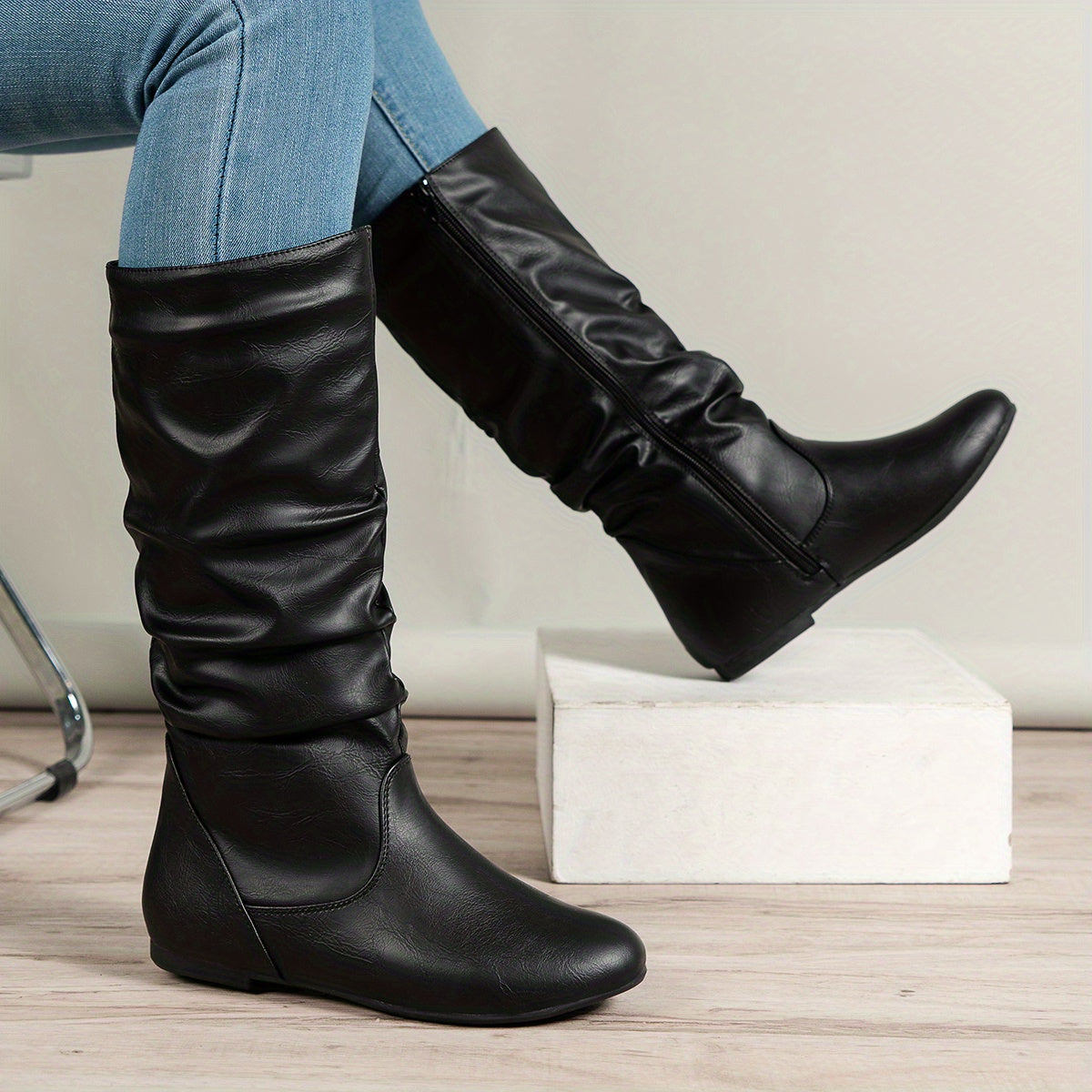 Fenara | Women's Slouch Flat Side Zip Mid-Calf Boot