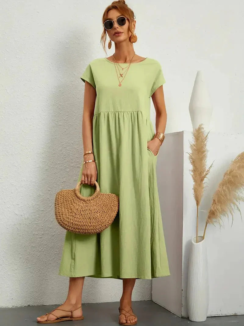 Sage | Round Neck Short Sleeve Gathered Waist Loose Maxi Casual Dress