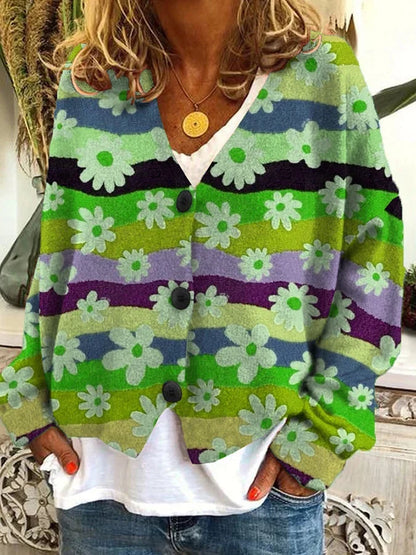 Petra | Women's Vintage-Inspired Floral Striped Button-Up Cardigan