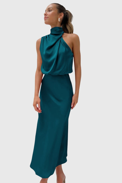 Ava | Draped High Neck Halter Sleeveless Satin Elegant Maxi Dress
