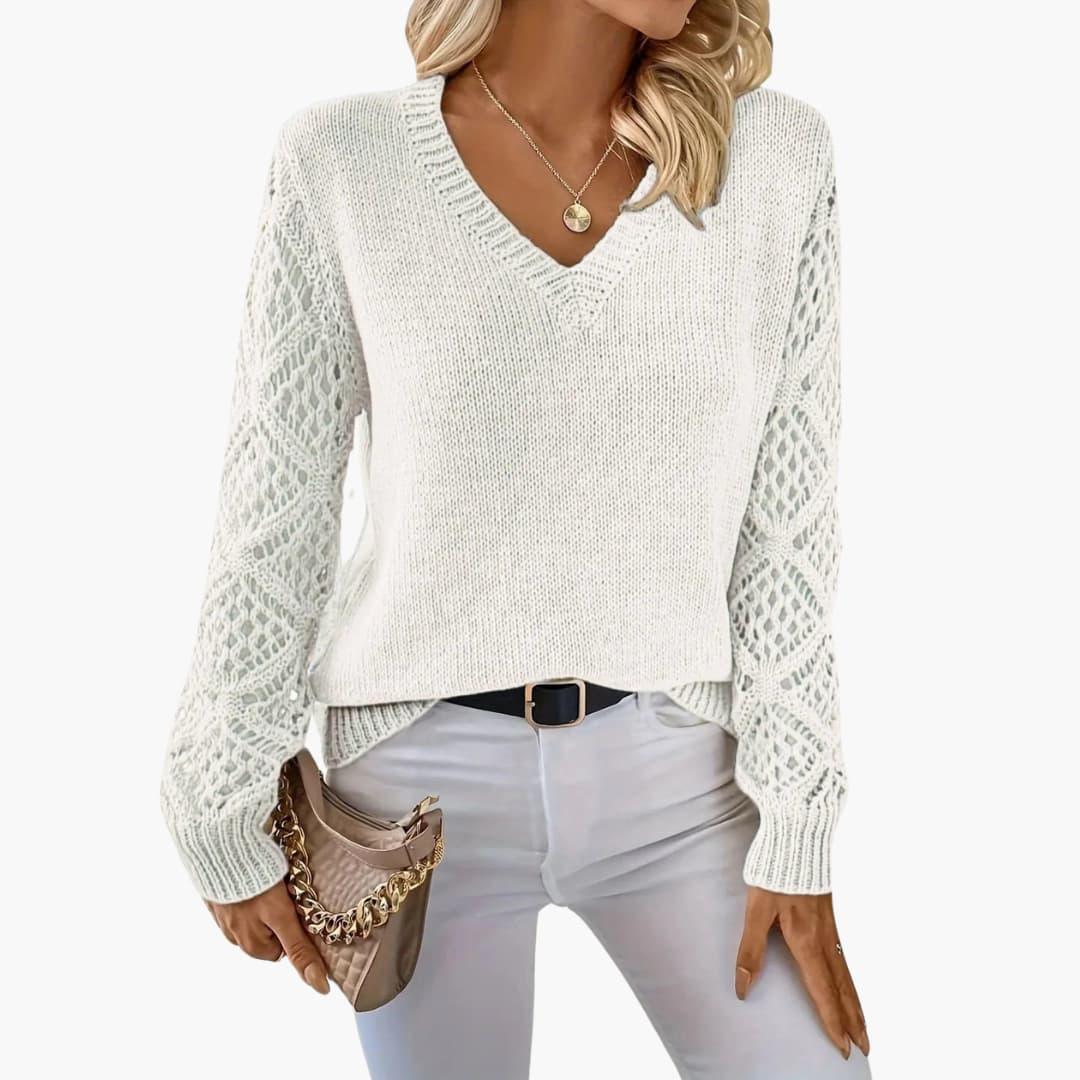 Marlowe | Women's Crochet Sleeve V-Neck Relaxed Fit Sweater
