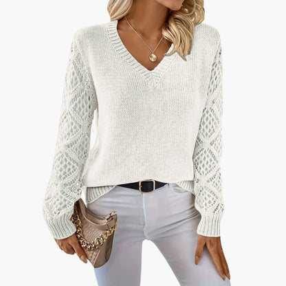 Marlowe | Women's Crochet Sleeve V-Neck Relaxed Fit Sweater