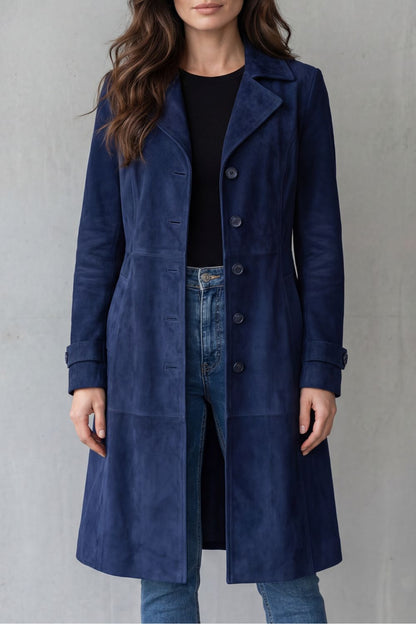 Coralene | Women's Suede-Effect Longline Tailored Notched Lapel Coat