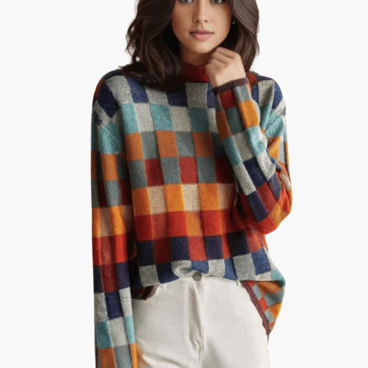 Marlowe | Women's Patchwork Turtleneck Relaxed Knit Sweater