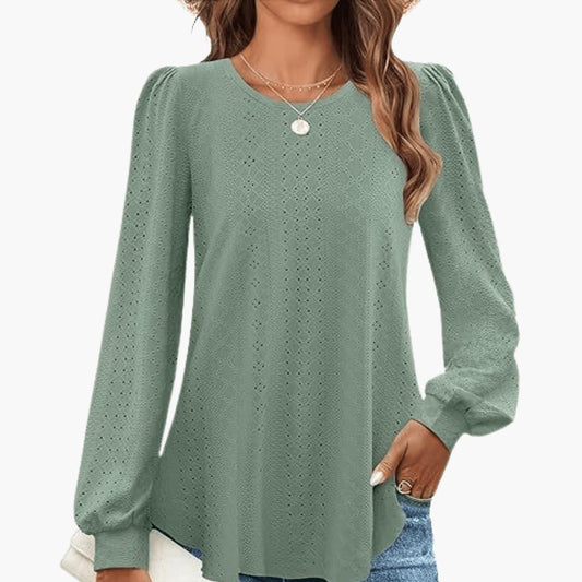 Elowen | Women's Eyelet Lantern Sleeve Round Neck Top