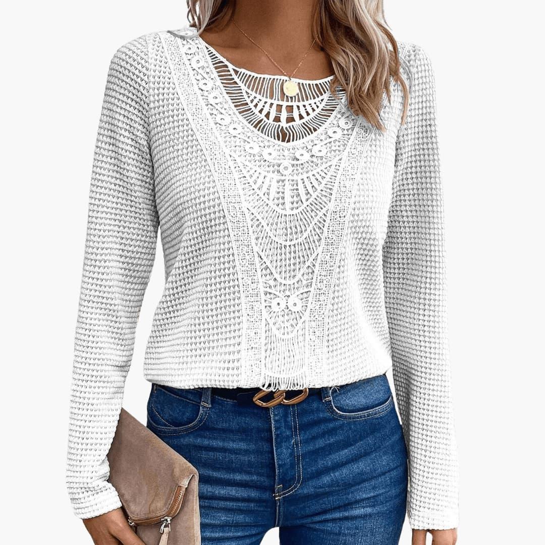 Delphine | Women's Crochet Lace Waffle Knit Long Sleeve Top