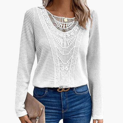 Delphine | Women's Crochet Lace Waffle Knit Long Sleeve Top