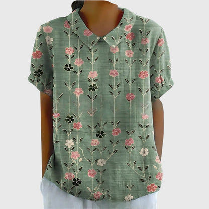 Jenna | Floral Print Collared Short Sleeve Relaxed Linen Blouse