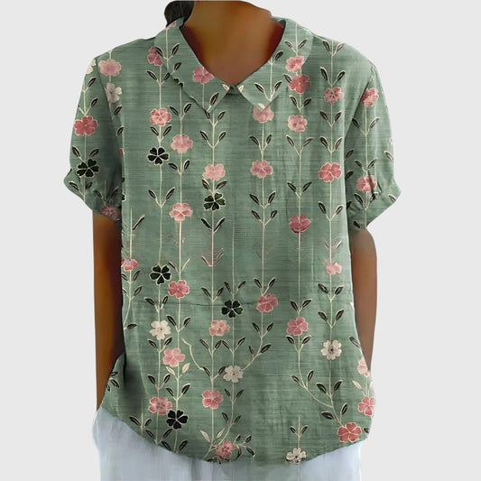 Jenna | Floral Print Collared Short Sleeve Relaxed Linen Blouse