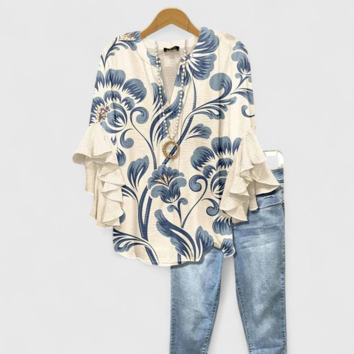 Saryphiah | Floral Print V Neck Ruffle Sleeve Loose Blouse