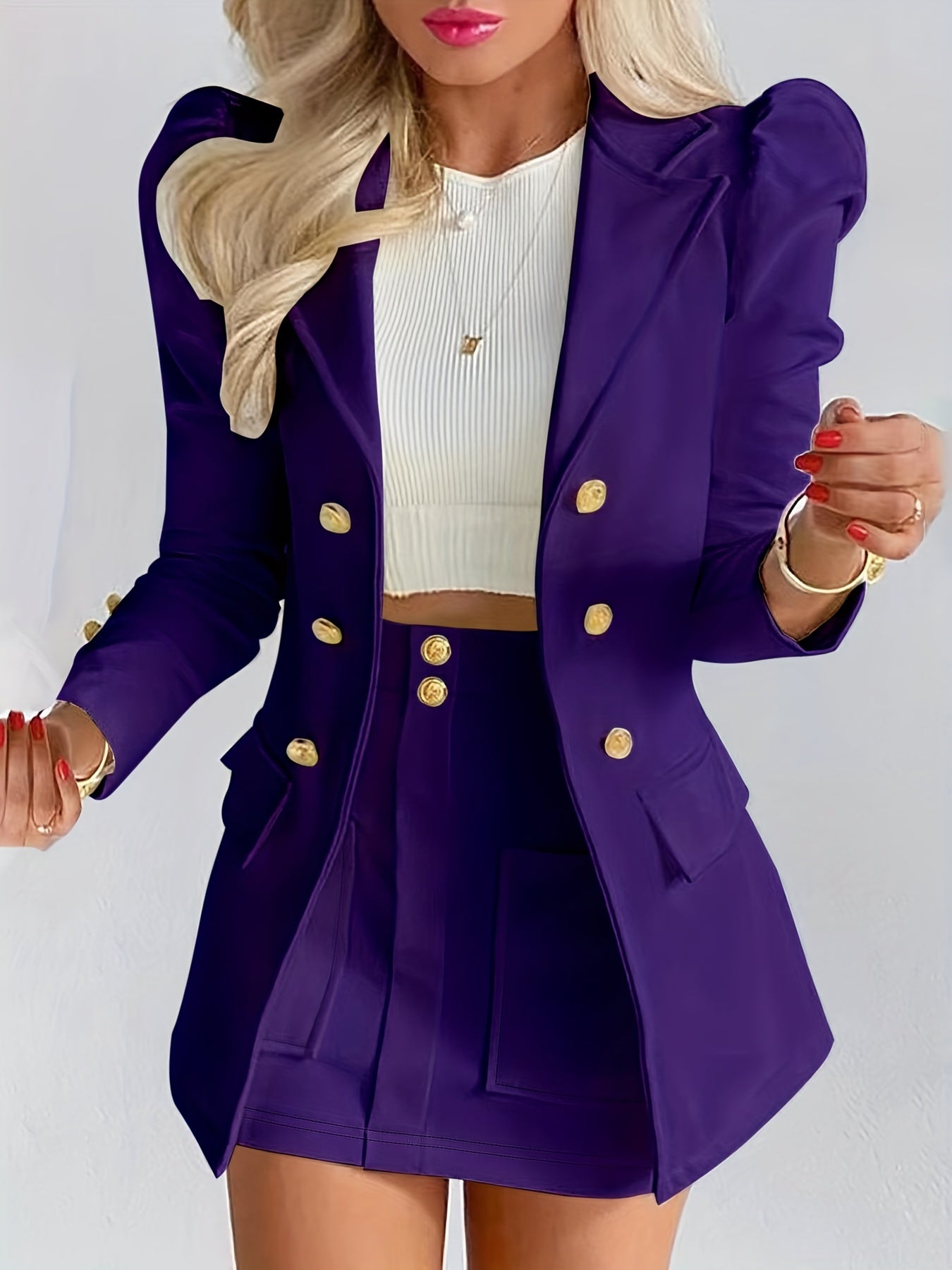 Elodie | Women's Tailored Puff Sleeve Double Breasted Blazer Skirt Set