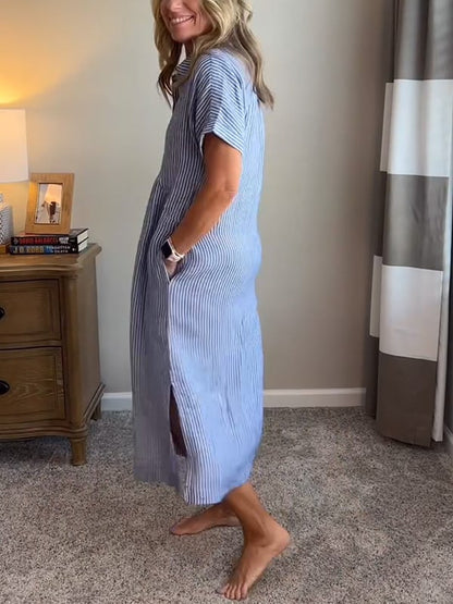 Brooke | Striped Button Up Collared Short Sleeve Casual Summer Midi Dress