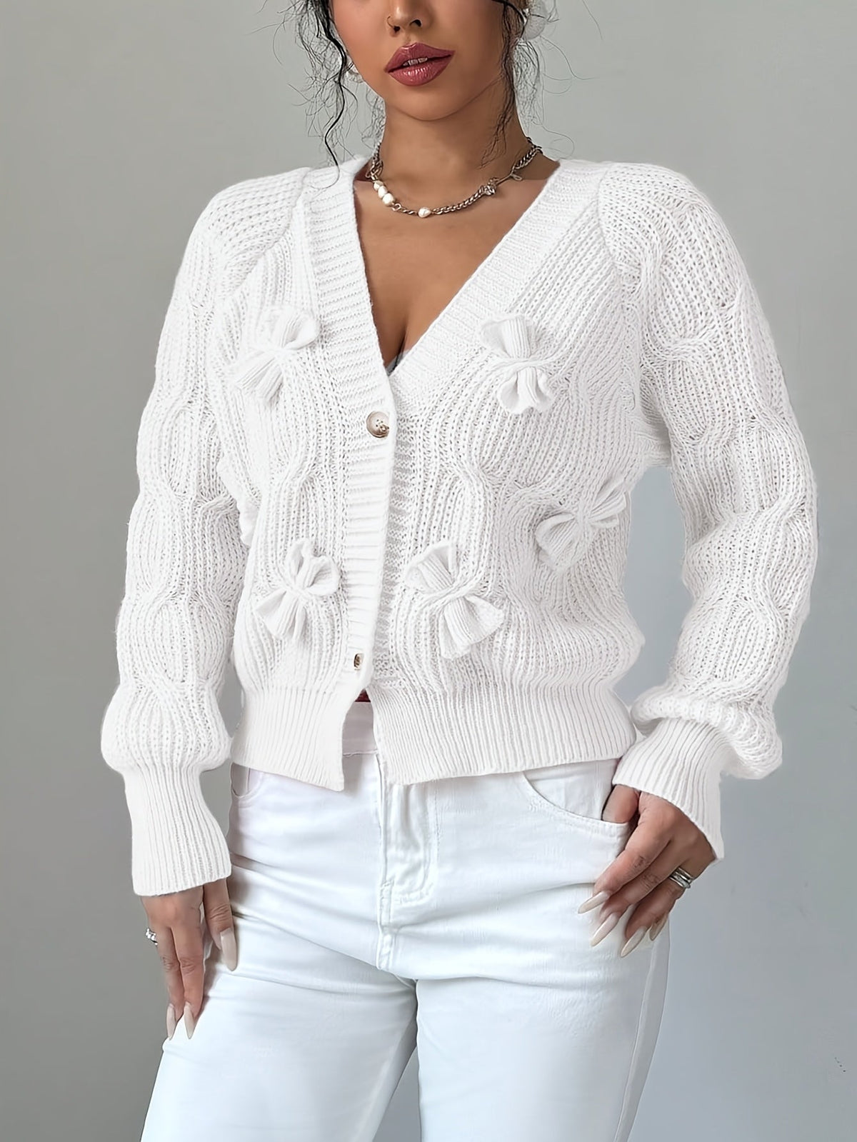 Rosalind | Women's Bow-Detail Cable Knit V-Neck Button-Front Cardigan