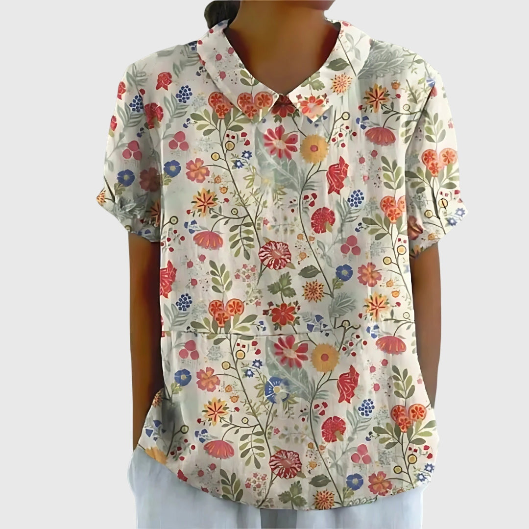 Jenna | Floral Print Collared Short Sleeve Relaxed Linen Blouse