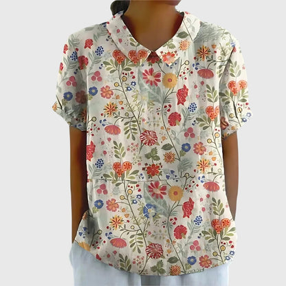 Jenna | Floral Print Collared Short Sleeve Relaxed Linen Blouse