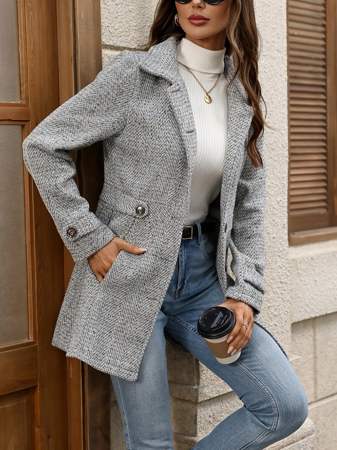 Selveste | Women's Herringbone Double Breasted Tailored Wool Coat