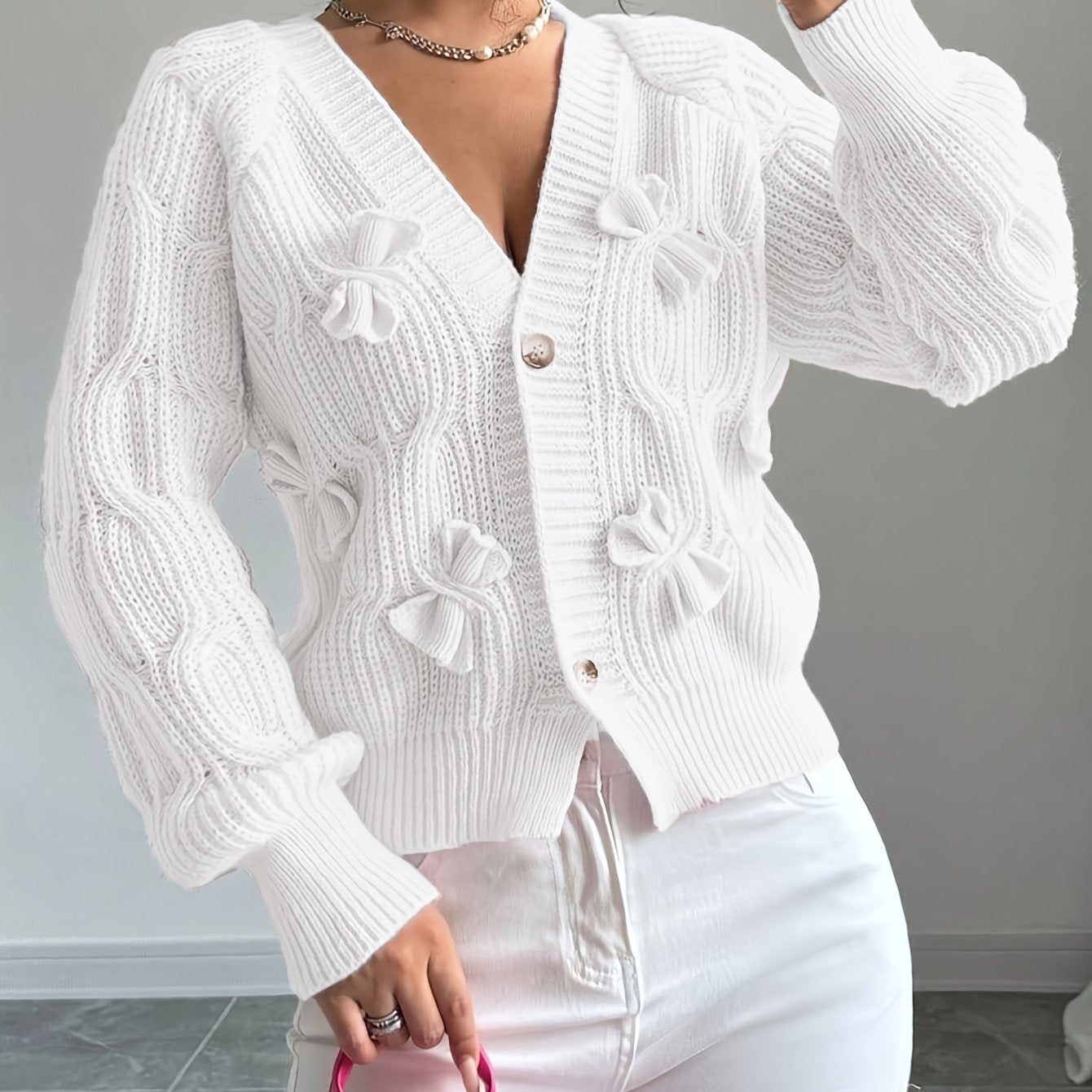 Rosalind | Women's Bow-Detail Cable Knit V-Neck Button-Front Cardigan