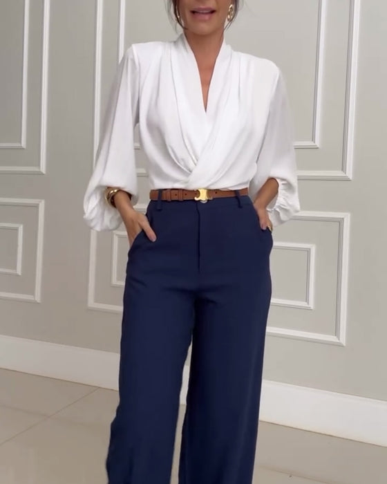 Marlaine | Women's V-Neck Lantern Sleeve Draped Blouse