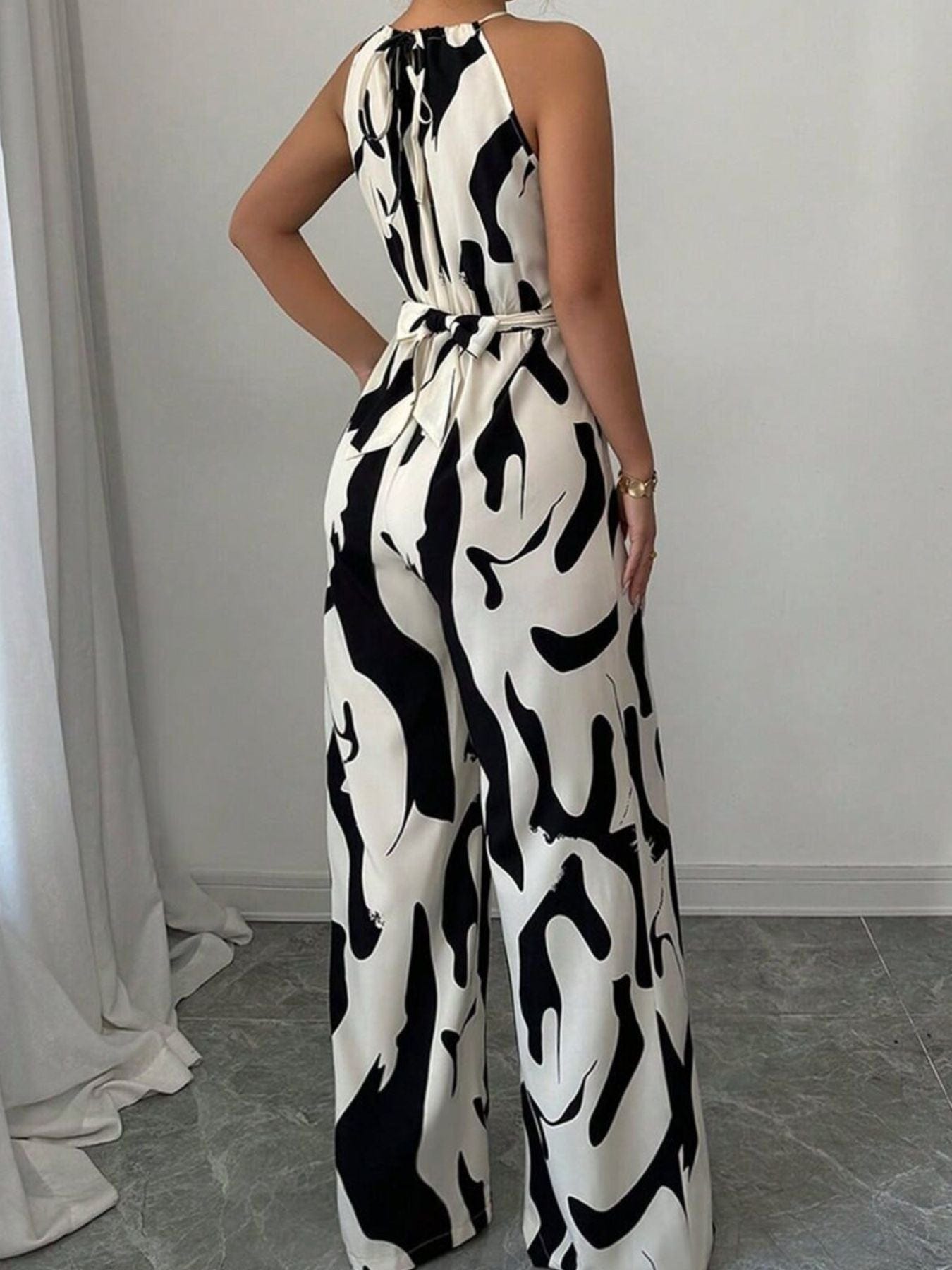 Marlowe | Women's Halter Neck Abstract Print Wide Leg Jumpsuit