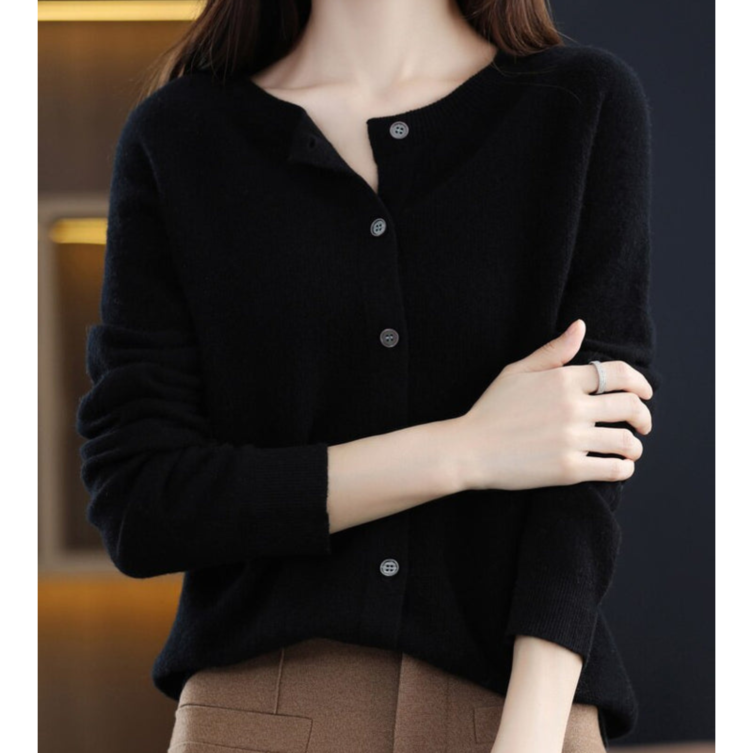 Marnie | Women's Merino Wool Blend O-Neck Button-Front Knit Cardigan
