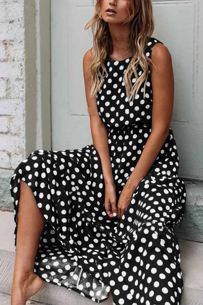 Isabelle | Polka Dot Sleeveless Elastic Waist Casual Maxi Dress