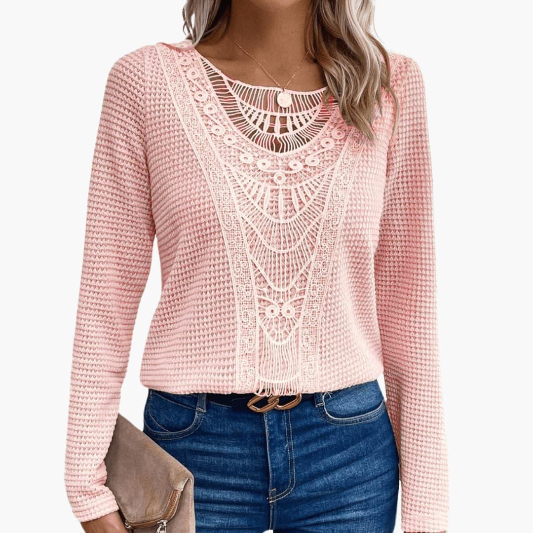 Delphine | Women's Crochet Lace Waffle Knit Long Sleeve Top
