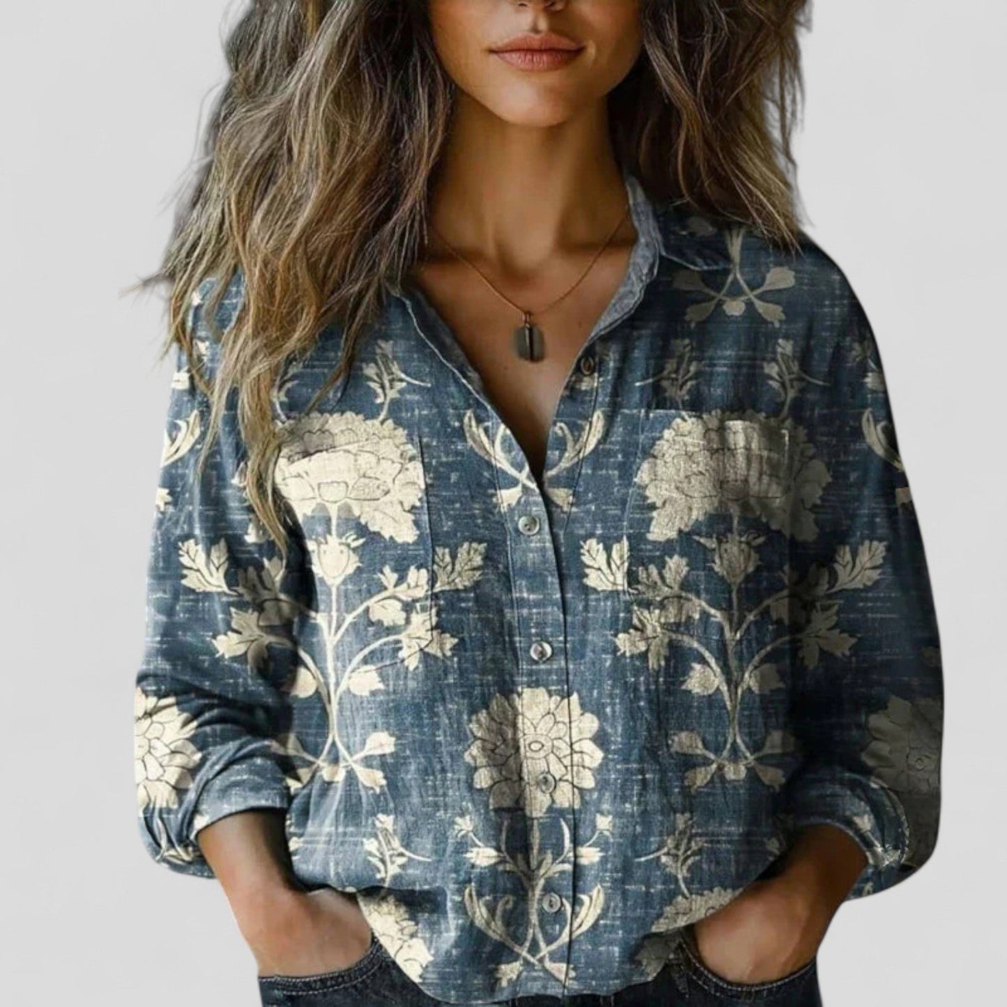 Lorenhilde | Colorblock Floral Long Sleeve Button Down Boho Blouse