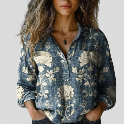 Lorenhilde | Colorblock Floral Long Sleeve Button Down Boho Blouse
