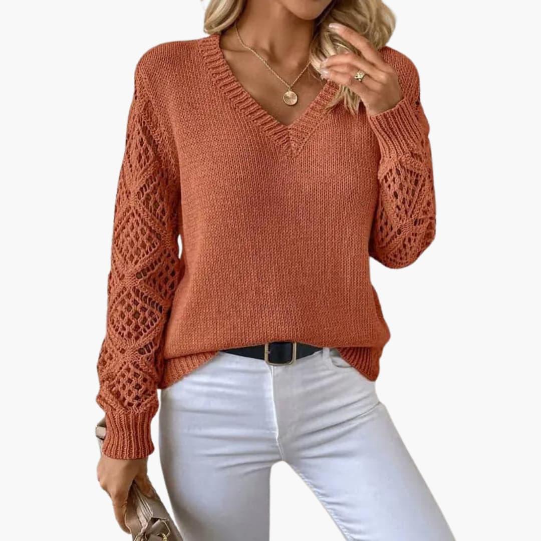 Marlowe | Women's Crochet Sleeve V-Neck Relaxed Fit Sweater